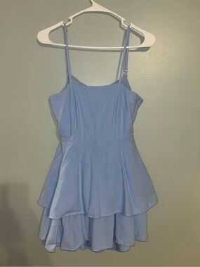 Coquette Light Blue Tiered Mini Dress Open Back Bow Skater Babydoll Size M